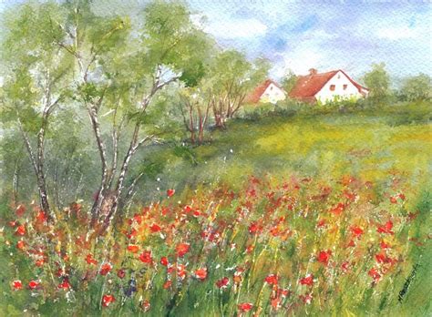 A Painting Of A Field With Red Flowers And Houses In The Background