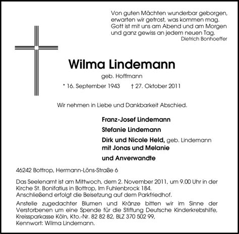 Traueranzeigen Von Wilma Lindemann Trauer In Nrw De