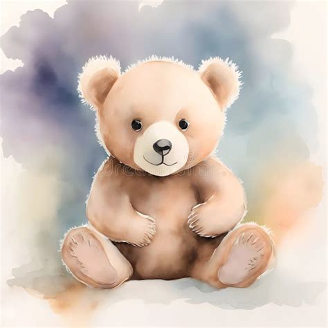 Cute Teddy Bear Cuddly Sitting Among Flowers In Watercolor Style Stock