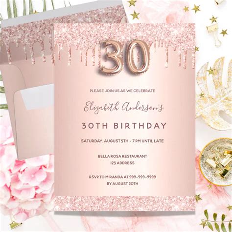 30th Birthday Rose Gold Glitter Pink Invitation Postcard Zazzle