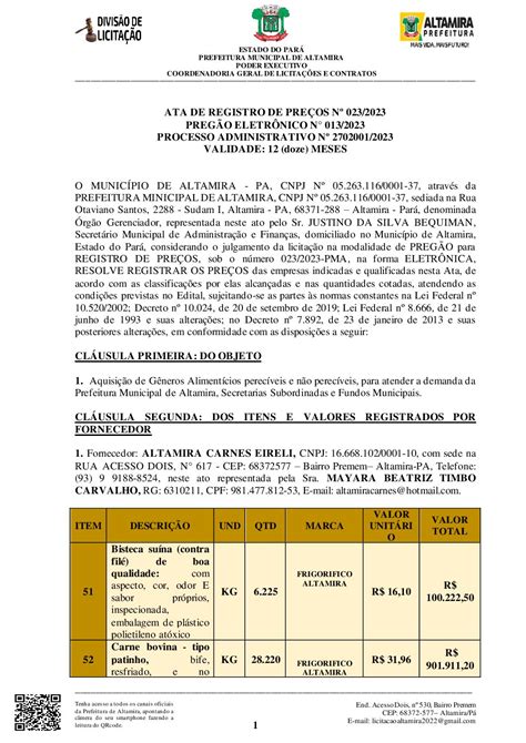 Nova Ata De Registro De Pre O Prefeitura Municipal De Altamira