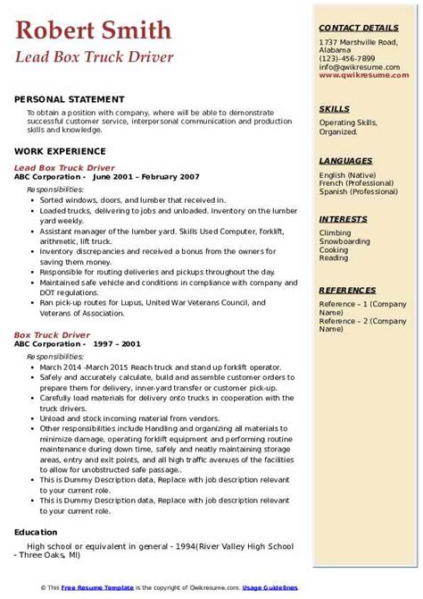 Box Truck Driver Resume Samples Templates For