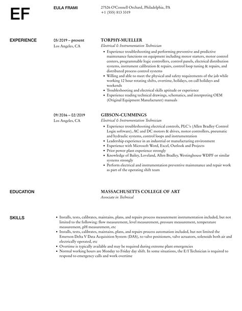 Electrical & Instrumentation Technician Resume Samples | Velvet Jobs