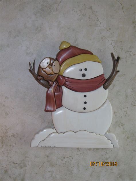 Snowman And The Owl Hand Carved Intarsia Wooden Wall Decor By Rakowoods