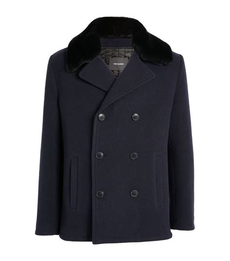 Mens Yves Salomon Navy Virgin Wool Fur Trimmed Pea Coat Harrods Uk