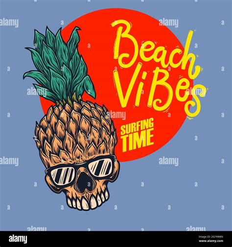 Beach Vibes Pineapple Skull With Sunglasses Design Element For Poster