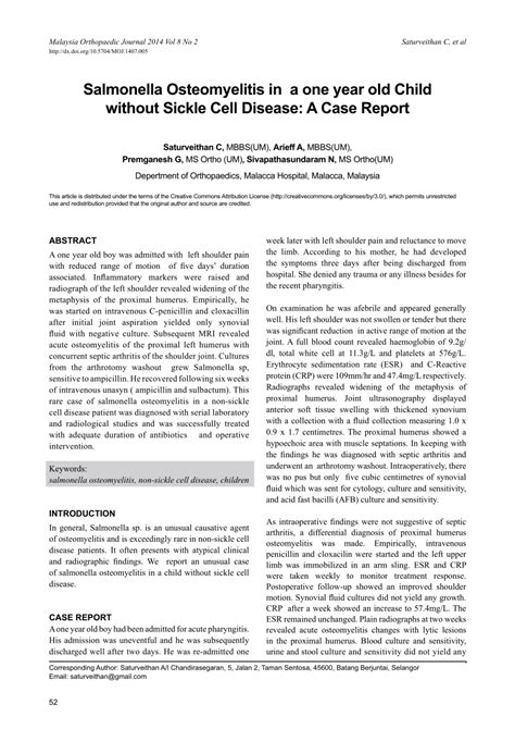 Pdf Salmonella Osteomyelitis In A One Year Old Child Without Sickle