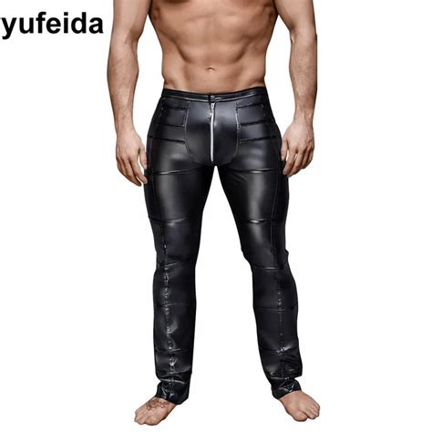 Faux Leather Sexy Men Pants Trousers Black Male Open Front Zipper Jeans