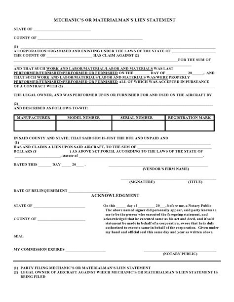 Free Printable Mechanics Lien Form