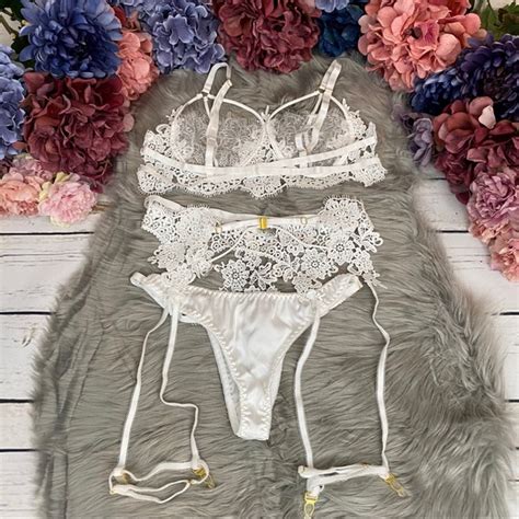 Intimates Sleepwear 3 Pcs White Lace Bra Panty Garter Belt Lingerie Set Poshmark