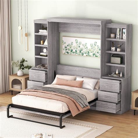 Full Size Murphy Bed With Storage Shelves And Drawers Gray Modernluxe