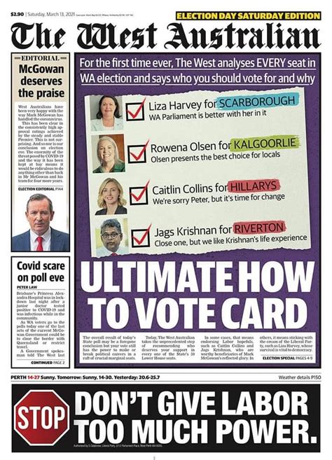 Front page of The West Australian today, on election day : r/australia