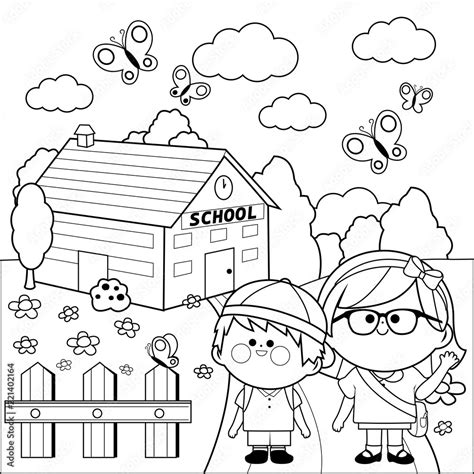 Children students at school. Vector black and white coloring page Stock ...