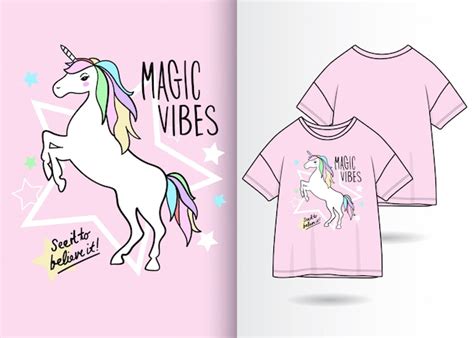 Premium Vector Hand Drawn Cute Unicorn Illustration With T Shirt Design