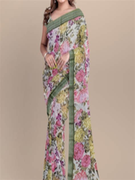 Buy The Chennai Silks Women Peach Coloured Green Floral Zari Linen