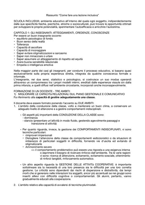 Riassunto del libro “come fare una lezione inclusiva” - A. Calvani