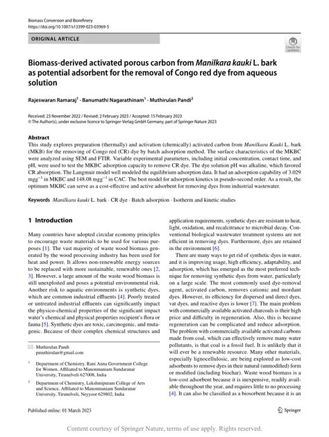 Biomass Derived Activated Porous Carbon From Manilkara Kauki L Bark As