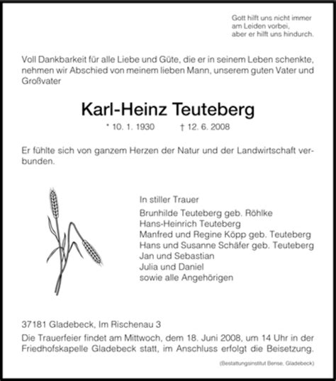 Traueranzeigen Von Karl Heinz Teuteberg Trauer HNA De