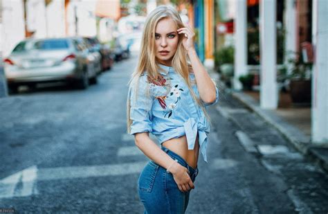 Jeans Blonde Outdoors Long Hair Looking At Viewer Depth Of Field