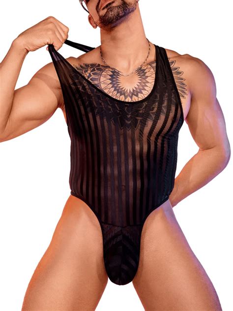 Chiaolezhee Mesh Bodysuit For Men Mens Thong Lingerie Sheer Tank Top Man Sissy Clothes