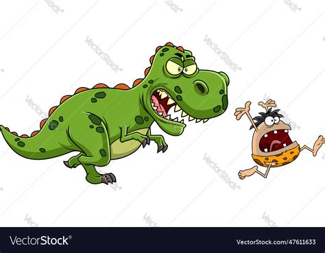 Angry dinosaur chasing a caveman Royalty Free Vector Image