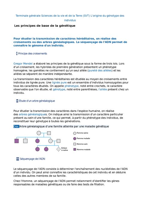 Terminale générale SVT L origine du génotype des individus Notes