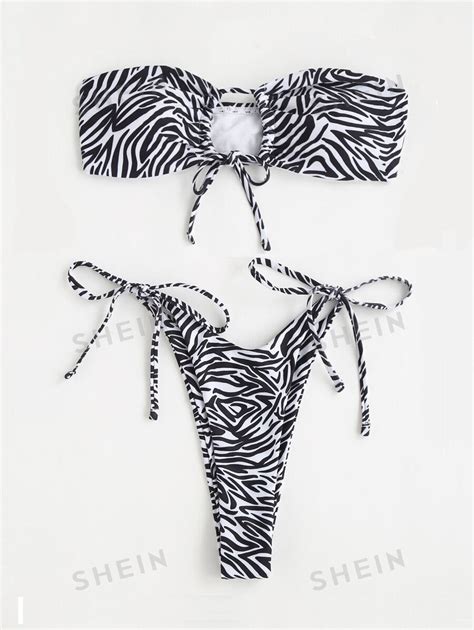 SHEIN Swim Vcay Zebra Stripe Bikini Set Cut Out Bandeau Bra Thong