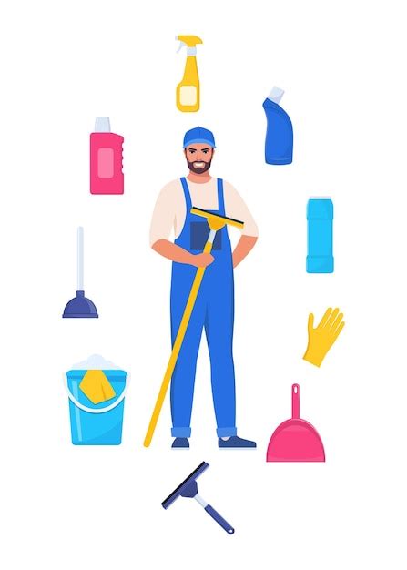 Premium Vector Man Dressed In Uniform With Mop Worker Of Cleaning