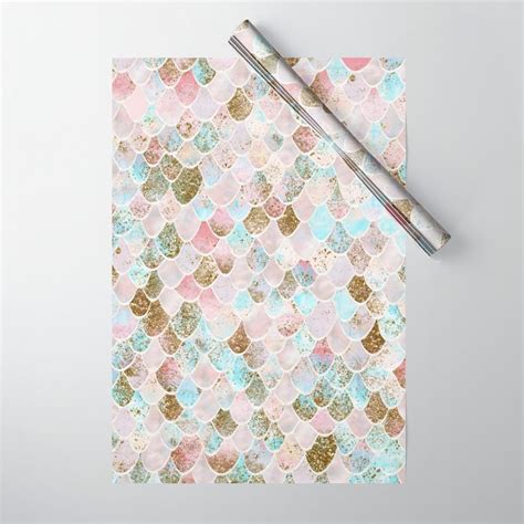 Wonky Watercolor Sea Foam Glitter Mermaid Scales Wrapping Paper By