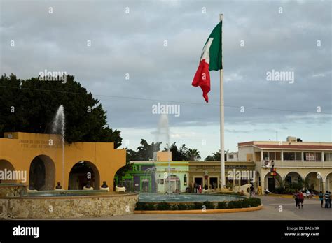 MEXICO San Jose del Cabo Mexican flag and fountains in downtown plaza ...