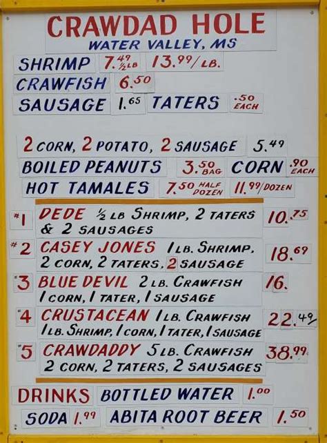 Crawdad Hole Menu In Water Valley Mississippi Usa