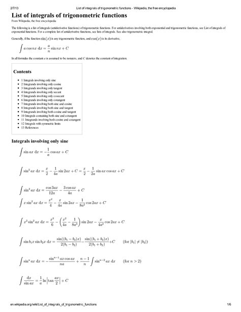 List Of Integrals Of Trigonometric Functions Wikipedia The Free