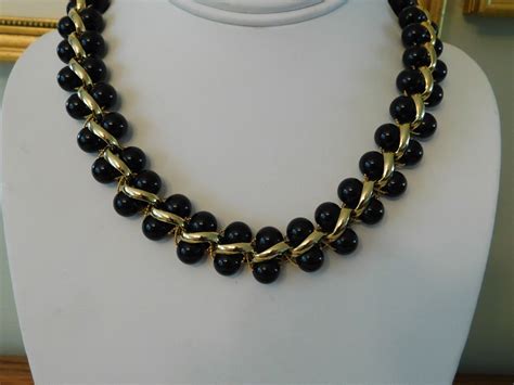 Napier Black Gold Set Beaded Necklace Wide Bracele Gem