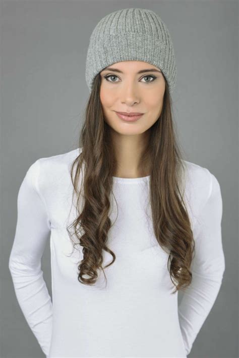 Pure Cashmere Fisherman Ribbed Beanie Hat In Light Grey Italy In