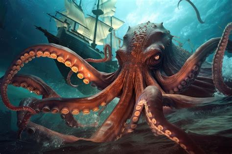 Premium Photo | Octopus kraken battling giant squid in underwater battle