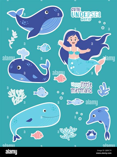 Stickers Cute little mermaid and sea animals, blue whale and dolphin ...