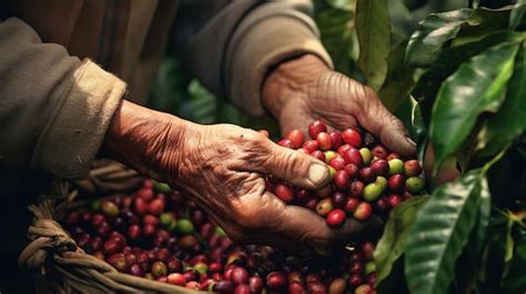 Premium Ai Image Harvesting Coffee Berries By Agriculturist Hands