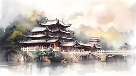 Premium AI Image | A painting of a chinese temple