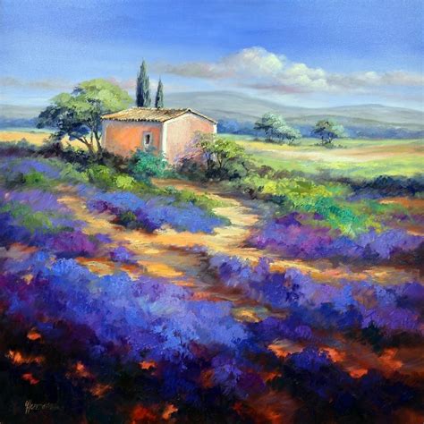 An Oil Painting Of A Lavender Field With A House In The Distance And