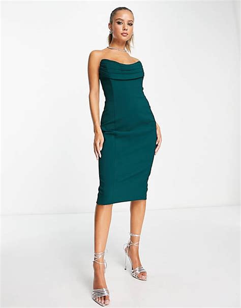 Lavish Alice Cowl Front Bandeau Midi Pencil Dress In Emerald Green Asos