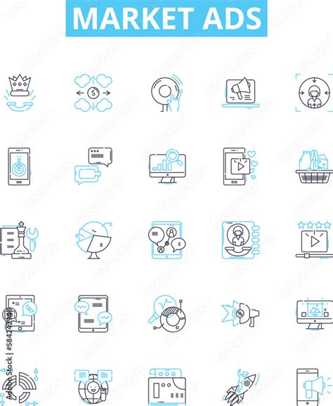 Market ads vector line icons set. Advertising, Markets, Promotions, Placement, Commercials ...