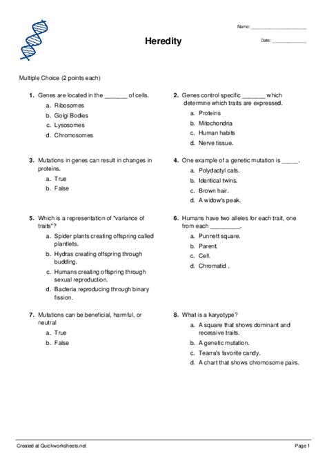 Heredity - Multiple Choice Worksheet - Quickworksheets