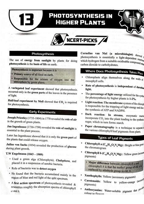 SOLUTION BIOLOGY NOTES CLASS 11TH PHOTOSYNTHESIS IN HIGHER PLANTS FOR