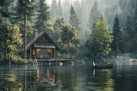 Premium Photo Tranquil Lakeside Cabin Surrounded By Trees Octane