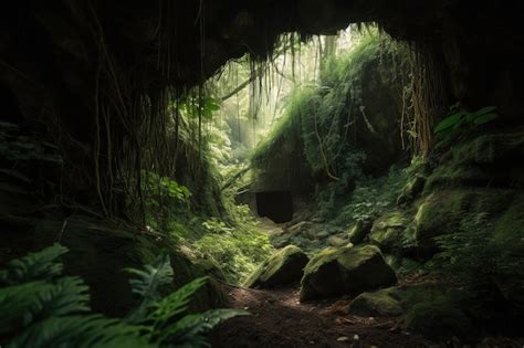 Premium AI Image | A cave in the jungle with a jungle scene