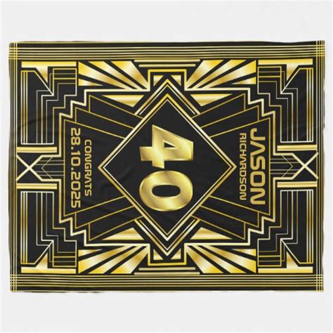 40th Birthday Art Deco Gold Black Great Gatsby Fleece Blanket Zazzle