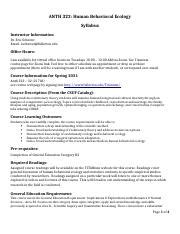 Anth322 2021SpringSyllabus 1 Docx ANTH 322 Human Behavioral Ecology