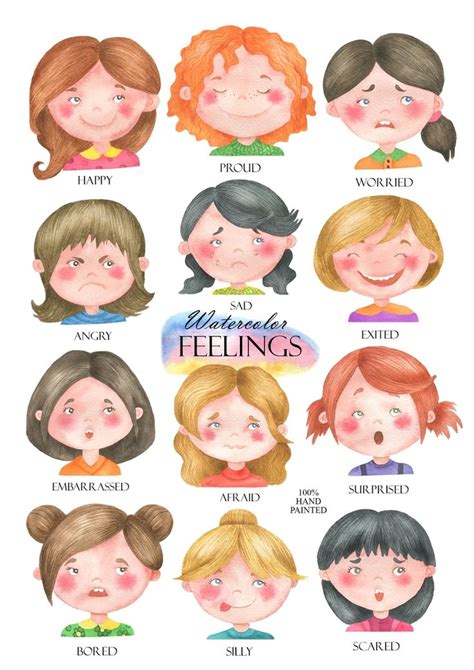 Watercolor Emotions Clipart, Feelings Clip Art, Girl Faces, Montessori Materials, Homeschool ...