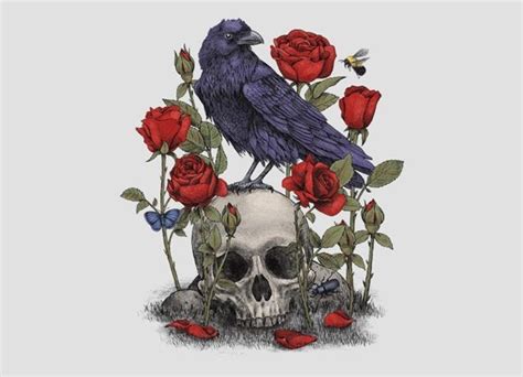 Black Bird Skull And Red Roses Memento Mori Art Terry Fan Memento Mori