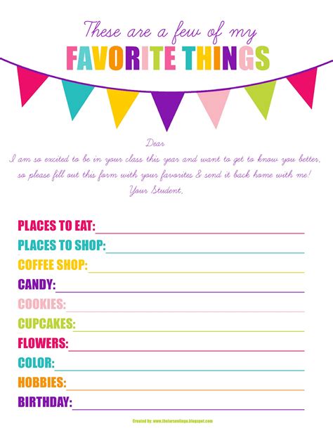 Free Printable My Favorite Things List